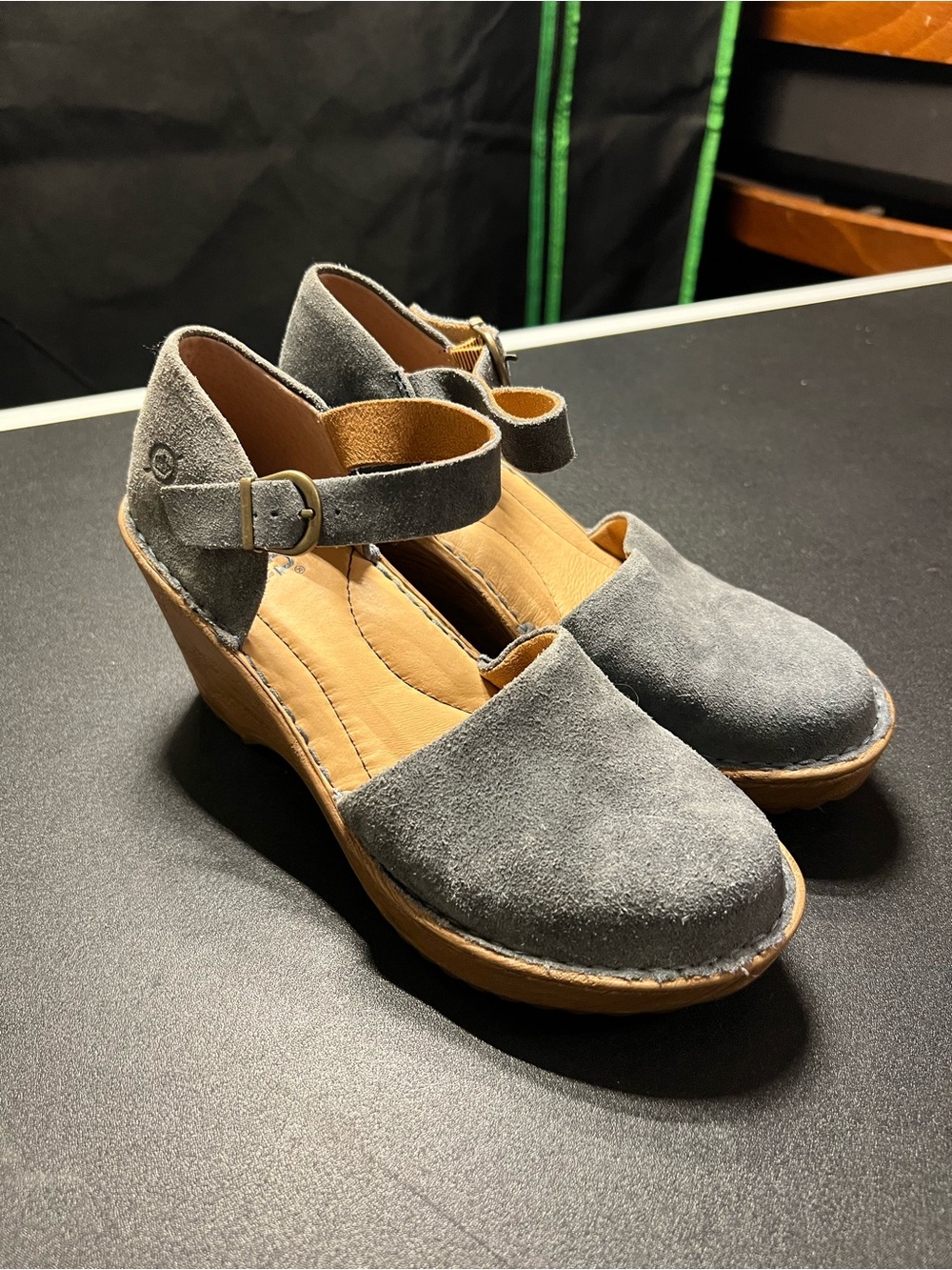 Born Gray Suede Mary Jane Flats with Tan Strap size 6